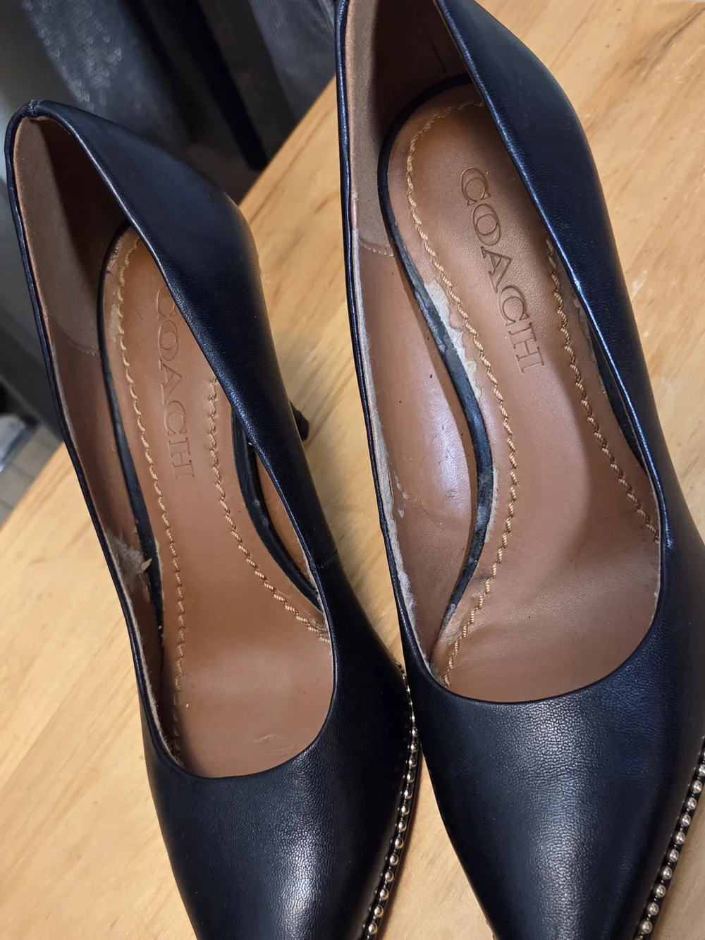 Coach Waverly Black Leather Pointed Pumps with Metallic Stud Trim